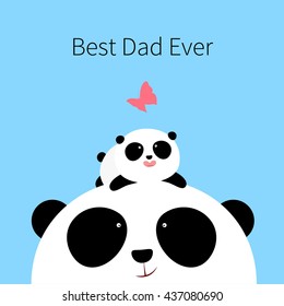 Vector Illustration: A cute cartoon little panda is lying on the head of his father, looking at a butterfly, for Happy Father's Day.