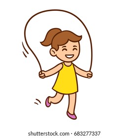 Vector illustration of cute cartoon little girl jumping rope. Child play clip art drawing.