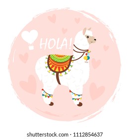 Vector Illustration of cute cartoon llama alpaca. Childish print for fabric, t-shirt, poster, cards, invitations, cases, patch and stickers. Llama isolated on pink background with heart and balloon.