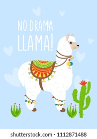 Vector Illustration of cute cartoon llama alpaca with cactus. Childish print for fabric, t-shirt, poster, cards, invitations, cases, patch and stickers. Llama isolated on blue background with heart.