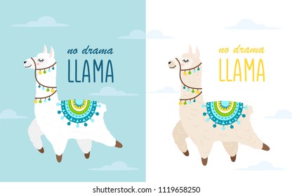 Vektorgrafik von süßem Cartoon Lama und Alpaca mit Wolken. Childischer Druck für Gewebe, T-Shirt, Poster, Karten, Einladungen, Kisten, Pflaster und Aufkleber. Lama einzeln auf blauem Hintergrund.