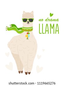 Vector Illustration of cute cartoon llama alpaca with glasses. Childish print for fabric, t-shirt, poster, cards, invitations, cases, patch and stickers. Llama isolated with heart.
