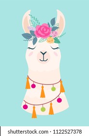 Vector illustration of cute cartoon llama with flowers. Stylish drawing for birthday cards, party invitations, poster and postcard.