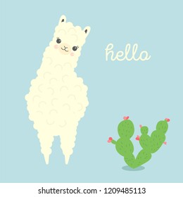 Vector Illustration of cute cartoon llama or alpaca with cactus. Childish print for fabric, t-shirt, poster, cards, invitations, cases, pattern, patch and sticker