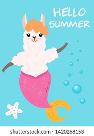 Vector illustration of cute cartoon llama with mermaid tail. Stylish pattern for greeting cards, invitations, posters and cards.