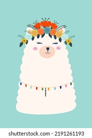 Vector illustration of cute cartoon llama with flowers. Stylish drawing for birthday cards, party invitations, poster and postcard.