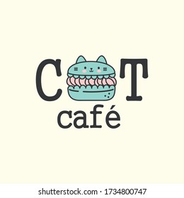 Vector illustration of cute cartoon logo for restourant with pistachio macaron, lettering cat cafe, lovely cartoon cakes drawn in kawaii anime style isolated on empty white background, signboard