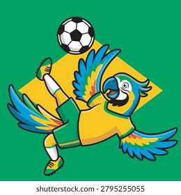 Vector Illustration of a Cute Cartoon Macaw Parrot as a Soccer Player from Brazil with Bicycle Kick Style