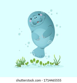 Vector illustration cute cartoon manatee swimming underwater with seagrass. svg