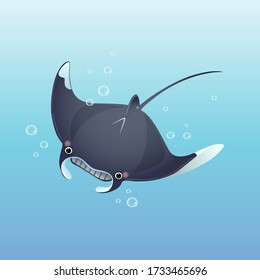 Vector illustration cute cartoon manta ray swimming in the deep blue sea.