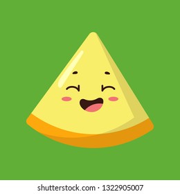 Vector illustration of cute cartoon melon slice with kawaii face on green background. It can be used for sticker, patch, phone case, poster, t-shirt, mug and other design.