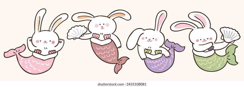 Vector Illustration of Cute Cartoon Mermaid Rabbit Characters on Isolated Background