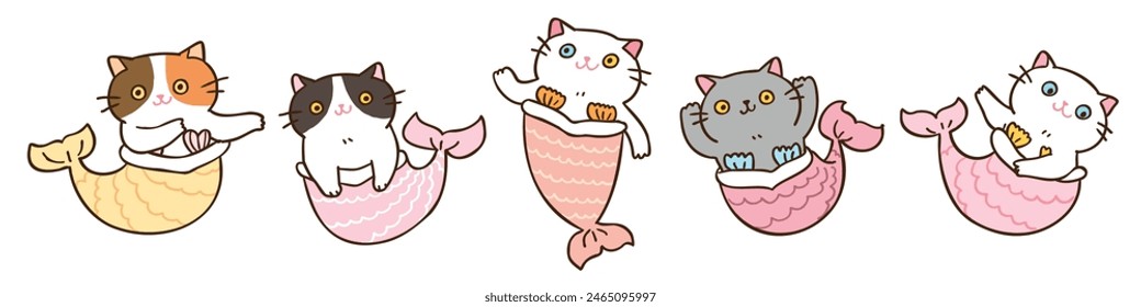 Vector Illustration of Cute Cartoon Mermaid Cat Characters on Isolated Background