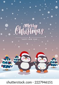 Ilustración vectorial tira cómica, feliz tarjeta navideña, celebraciones pingüino en el fondo de la nieve.