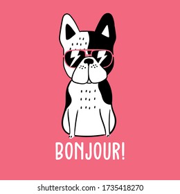 Vector illustration of cute cartoon minimalistic black and white french bulldog with pink sunglasses, lettering bonjour isolated on empty backround, little dog drawn with a table in tpop art stylefre
