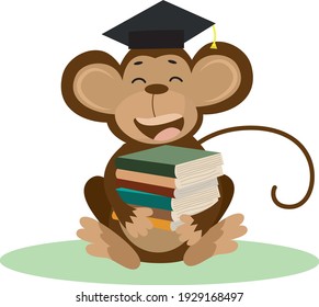 Ilustración vectorial de un mono de dibujos animados lindo con gorra de soltero y libros 