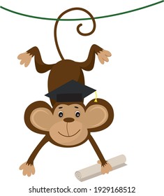 Vector illustration of a cute cartoon monkey with bachelor cap and scroll