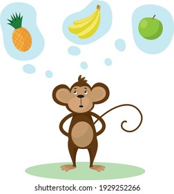 Vector illustration of a cute cartoon monkey with banana, apple and pineapple