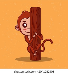 Vector illustration of Cute Cartoon Monkey Character with hiding behind a tree pose. Suitable for children's book characters and etc.