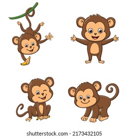 vector illustration of cute cartoon monkey collection set