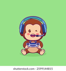 Vector illustration of cute cartoon monkey holding joystick and wearing headphone. Animal and technology icon concept Isolated. Baby monkey in flat cartoon style.