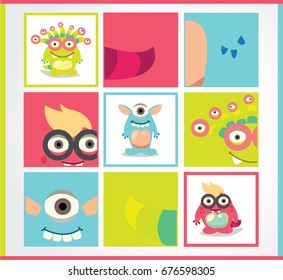 Vector illustration of cute cartoon monsters in flat design, modern