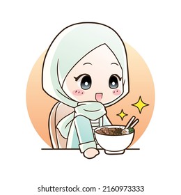 Vector illustration of cute cartoon moslem girl eating halal ramen noodles food, hand drawn art style