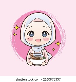 Vector illustration of cute cartoon moslem girl eating halal ramen noodles food, hand drawn art style