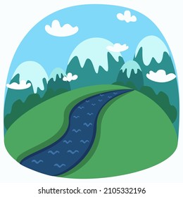 Vector illustration of a cute cartoon mountain landscape: a mountain river, a clearing, and high mountains with clouds. 