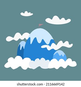 Vector illustration of a cute cartoon mountain landscape high mountains in the clouds, with a climber achievement flag on the top of the mountain 