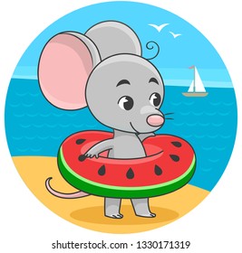 Vector illustration of cute cartoon mouse standing on the beach with watermelon inflatable ring. In the background a boat sailing on the sea.
