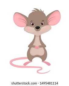 Vector illustration of cute cartoon mouse on white background.