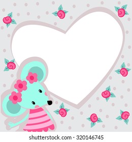 Vector illustration of a cute cartoon mouse. Template greeting card