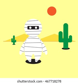 vector illustration of cute cartoon mummy character design and desert flat scene design