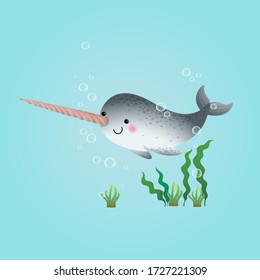 Vector illustration cute cartoon narwhal swimming underwater in the blue ocean.