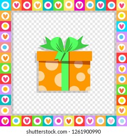 Vector illustration of cute cartoon orange gift box wrapped with festive ribbon framed with heart border isolated. Present icon, anniversary logo, wedding, valentine greeting card sticker, clip art.