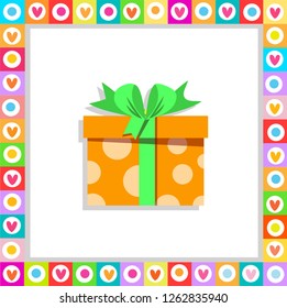 Vector illustration of cute cartoon orange gift box wrapped with festive bow framed with heart frame isolated. Present icon, anniversary logo, wedding, birthday greeting card sticker, clip art.