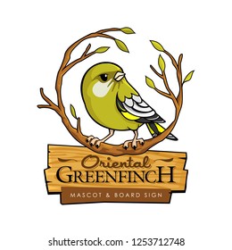 Vector illustration of cute cartoon oriental greenfinch sitting on the branch