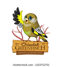 Vector illustration of cute cartoon oriental greenfinch sitting on the branch
