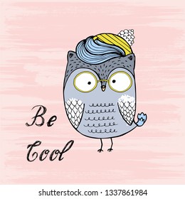 Vector illustration of Cute Cartoon Owl with glasses. Be cool