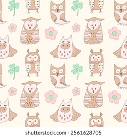 Vector illustration of a cute cartoon owl seamless pattern with floral elements