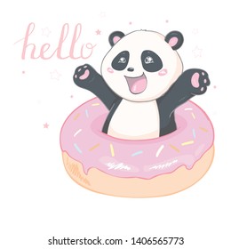 Vector Illustration: cute cartoon Panda sitting in a donut