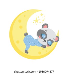 Vector illustration of a cute cartoon panda sleeping on the moon. Baby animals are sleeping.