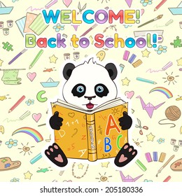 vector illustration cute cartoon panda with book. Back to school.