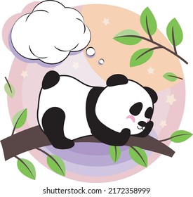 Vector illustration, cute cartoon panda sleeps on a branch, evening sky and clouds, bubble.