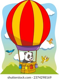 ilustración vectorial de un lindo panda de dibujos animados volando en un globo aerostático