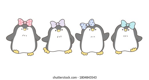 Vector Illustration of Cute Cartoon Penguin Characters on White Isolated Background