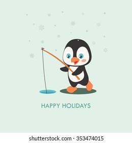 Vector illustration of a cute cartoon penguin with fishing activity.