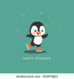 Vector illustration of a cute cartoon penguin play ice skating
