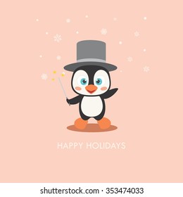 Vector illustration of a cute cartoon penguin as a magic.